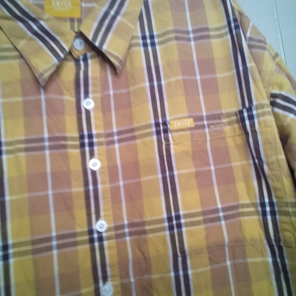 Enyce Button Up Shirt 3XL Short Sleeve Plaid Brown Yellow